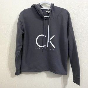 Calvin Klein Womens Sweater Size M Hoodie Pullover Gray Spellout